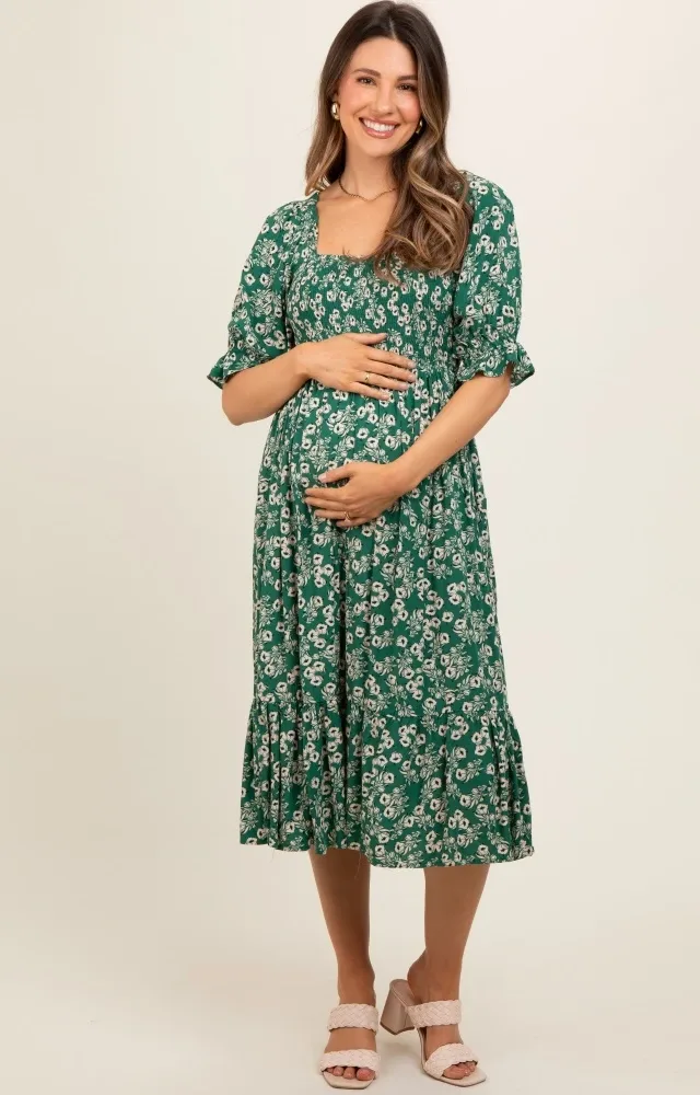 Green Square Neck Smocked Maternity Dress