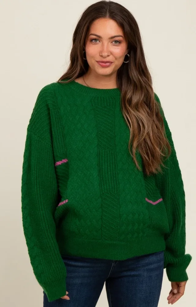 Green Striped Mixed Cable Knit Maternity Sweater