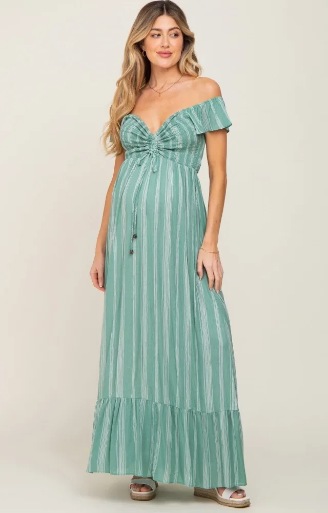 Green Striped Off Shoulder Front Tie Maternity Maxi Dress