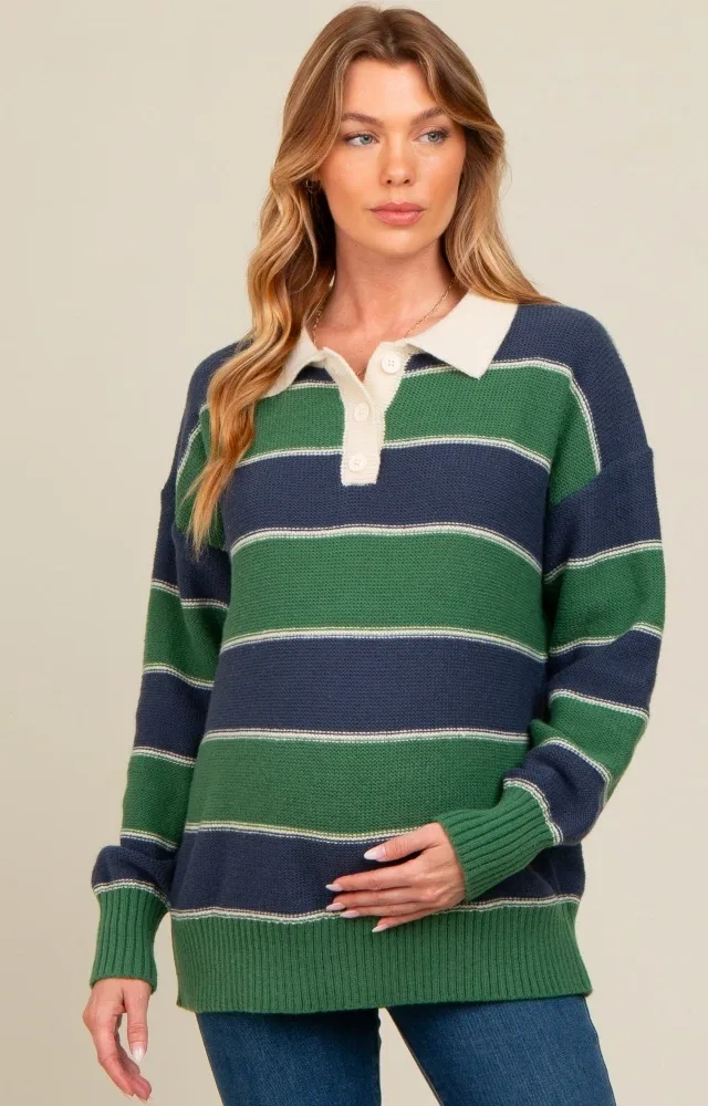 Green Striped Polo Knit Maternity Sweater