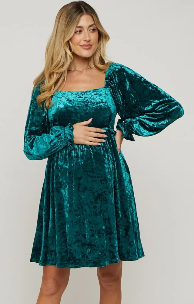 Green Teal Velour Square Neck Maternity Dress