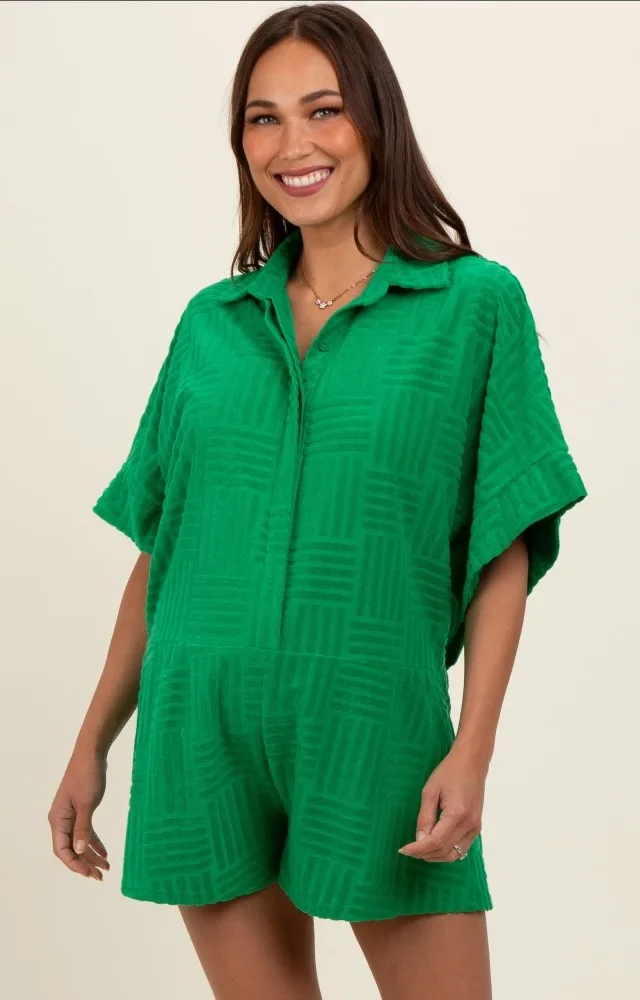 Green Textured Button Front Short Sleeve Maternity Romper