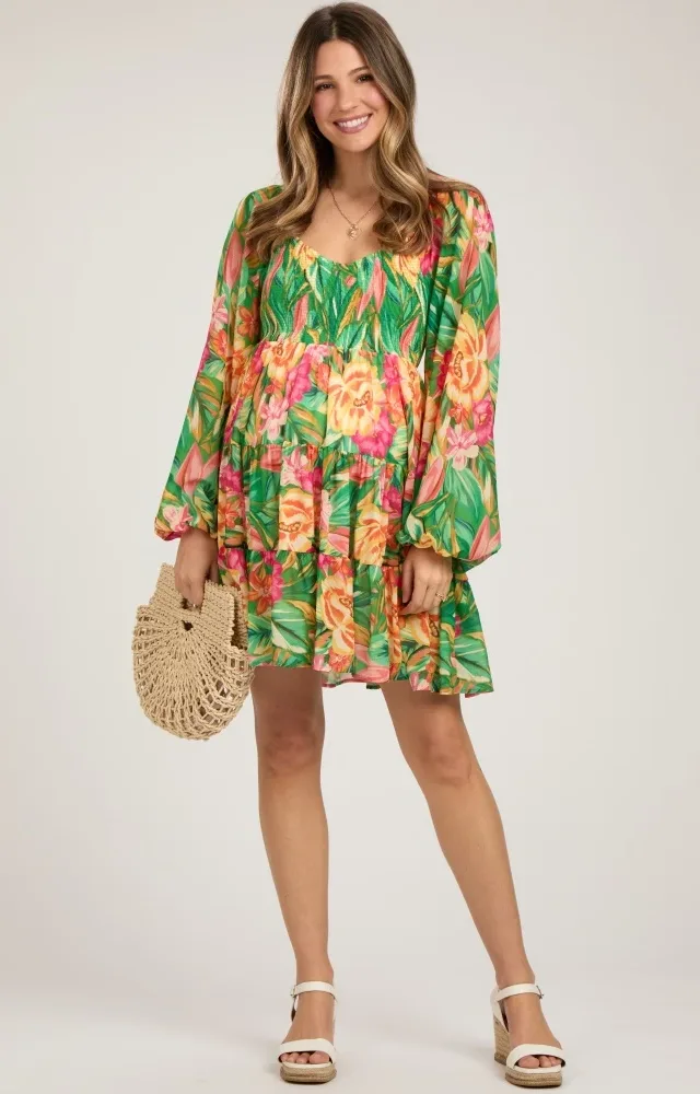 Green Tropical Floral Smocked V-Neck Maternity Midi Dress