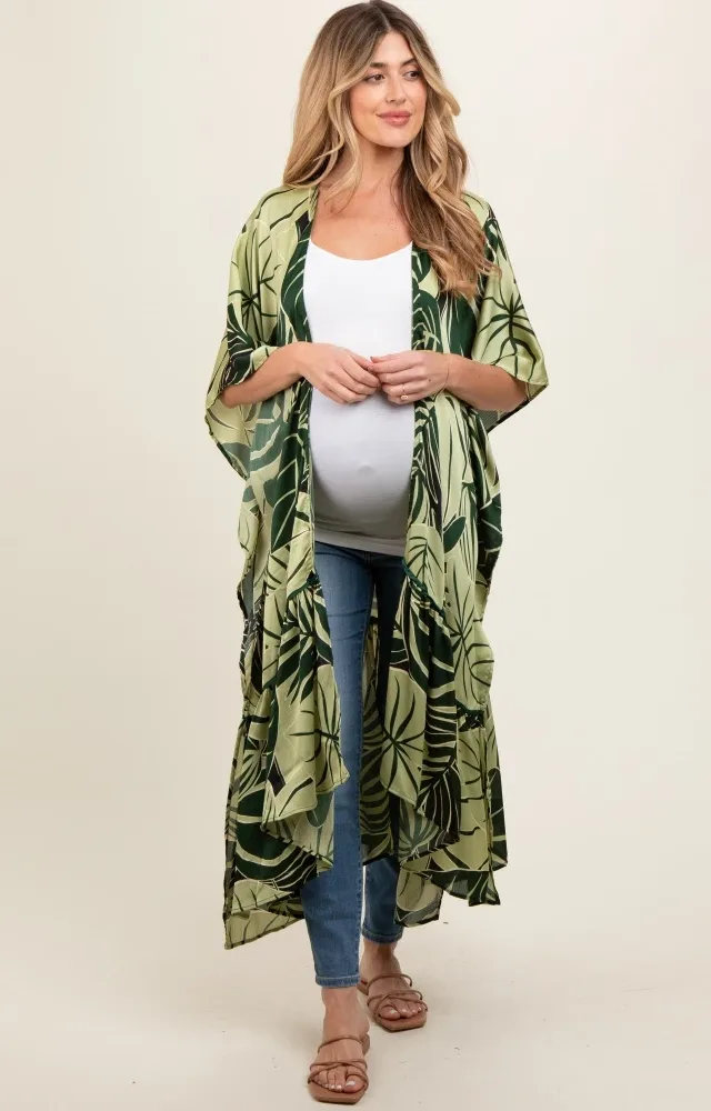 Green Tropical Print Long Maternity Cover Up