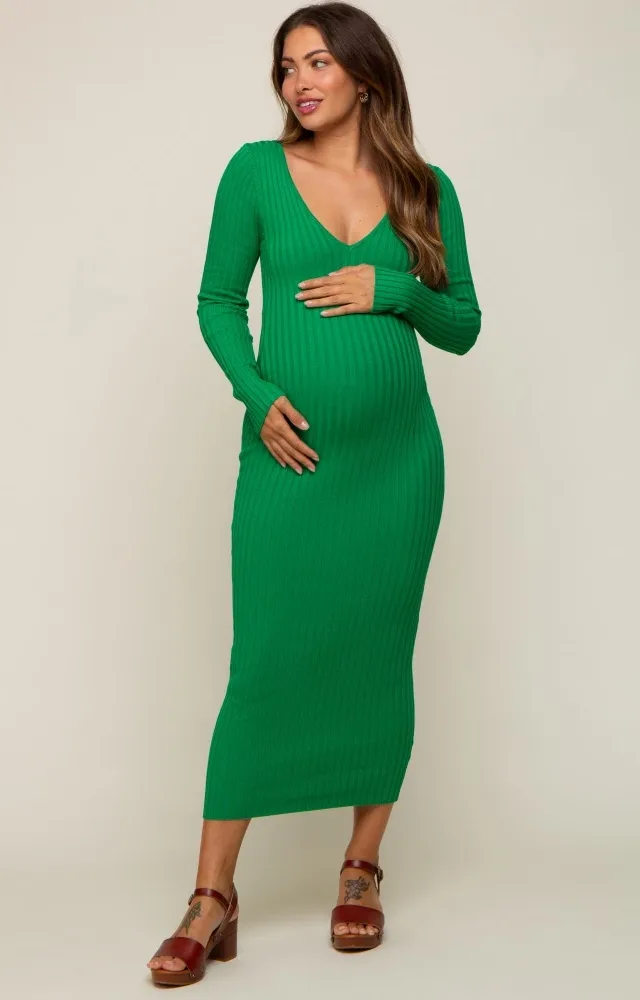 Green V-Neck Long Sleeve Fitted Maternity Maxi Dress