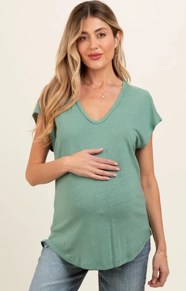 Green V-Neck Maternity Top