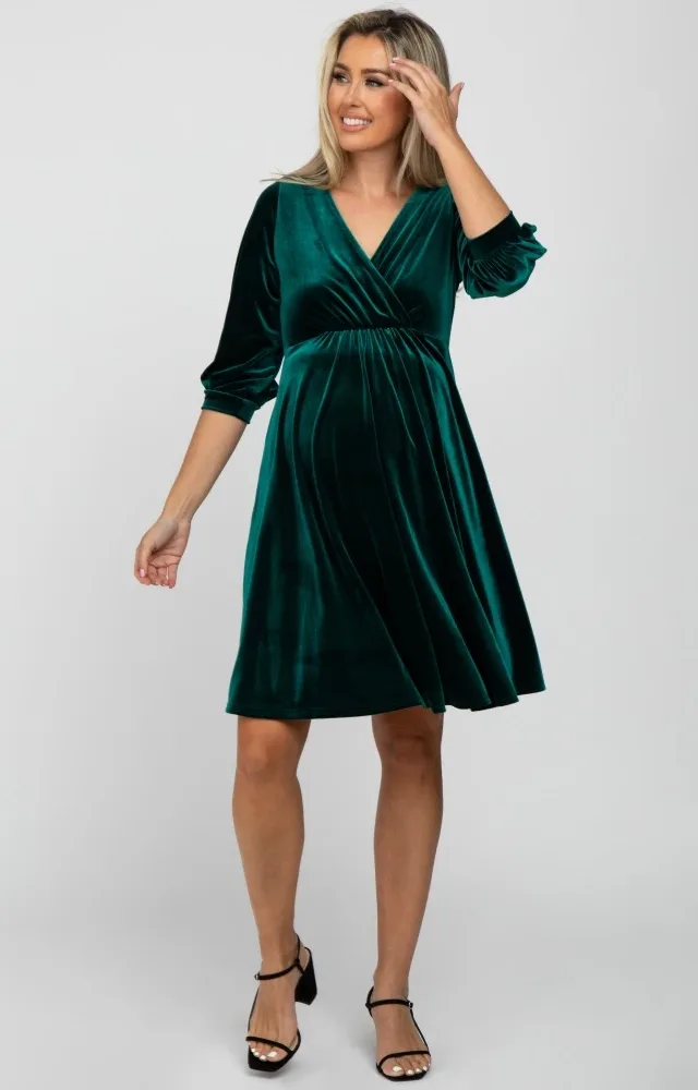 Green Velvet Wrap Front Babydoll Maternity Dress