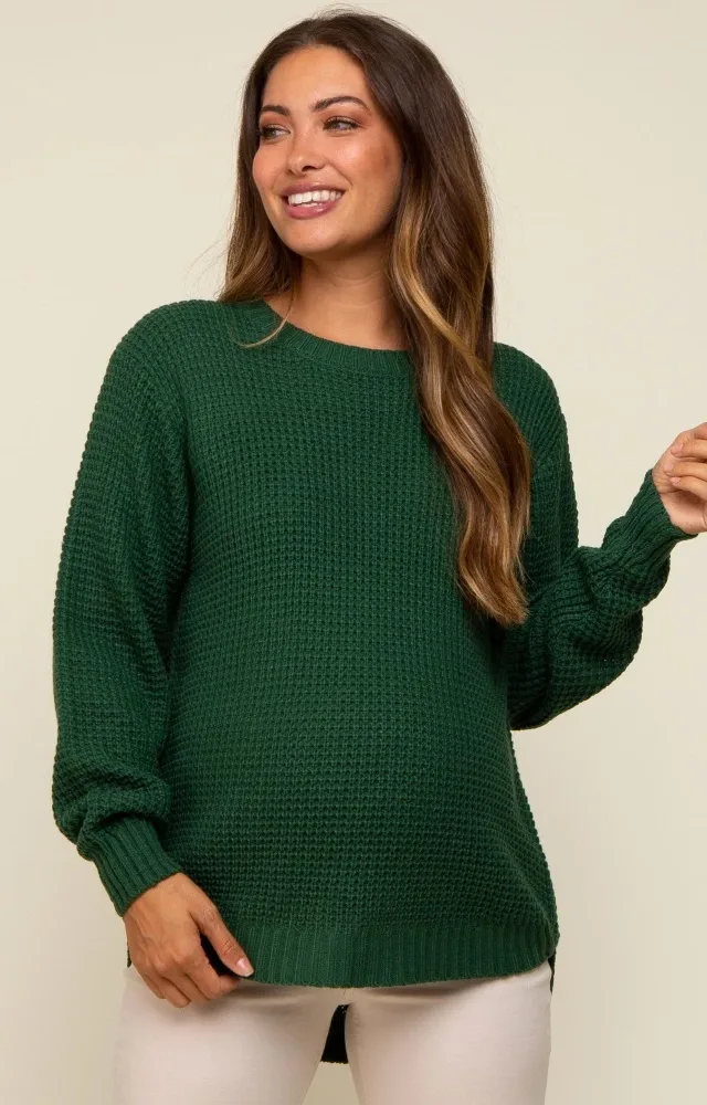 Green Waffle Knit Round Hem Maternity Sweater