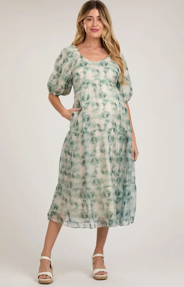 Green Watercolor Floral Maternity Midi Dress