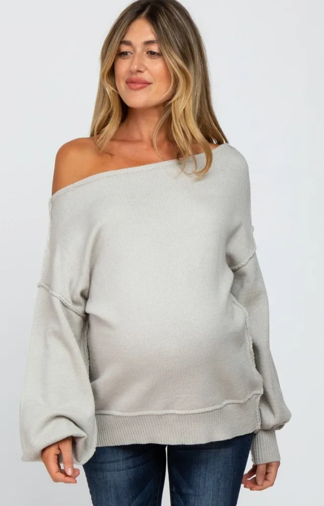 Grey Boat Neck Bubble Sleeve Maternity Sweater