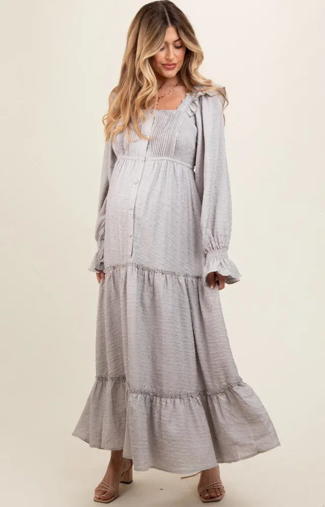 Grey Button Pleated Front Square Neck Ruffle Tiered Maternity Maxi Dress