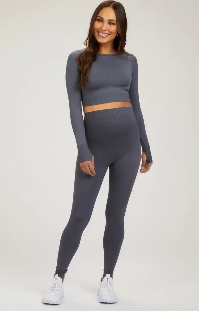 Grey Cropped Long Sleeve Maternity Active Set