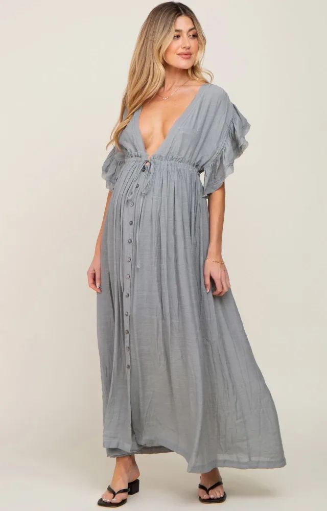 Grey Deep V-Neck Button Down Maternity Maxi Dress