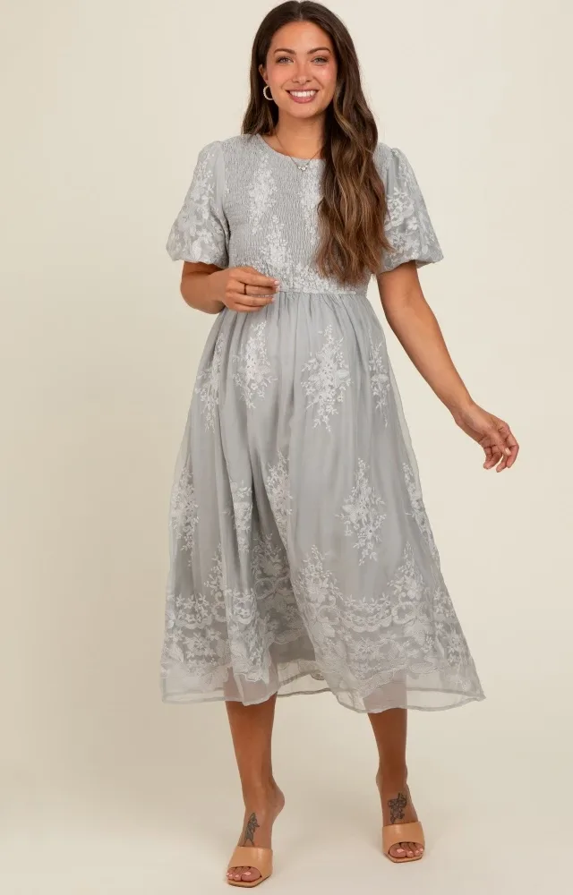 Grey Floral Lace Smocked Maternity Midi Dress