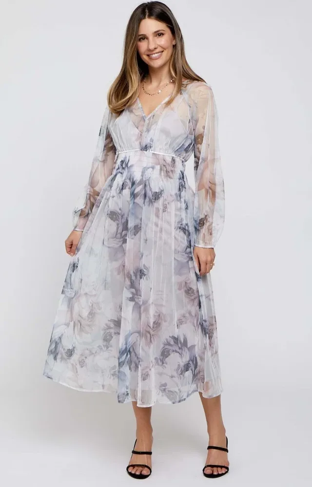 Grey Floral Mesh Smocked Maternity Midi Dress