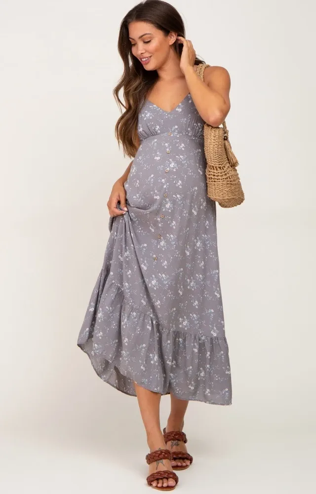 Grey Floral Sleeveless Button Maternity Dress