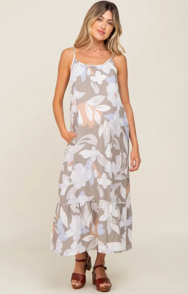 Grey Floral Sleeveless Maternity Maxi Dress