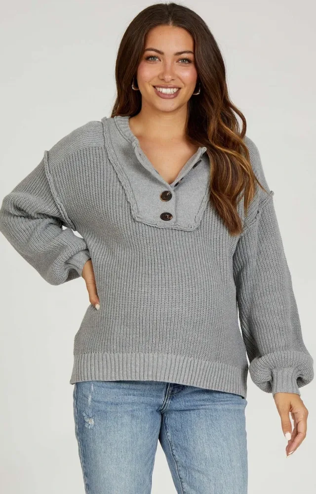 Grey Front Button Knit Maternity Sweater