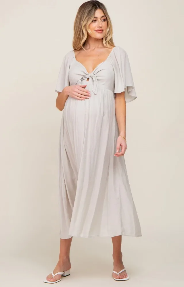 Grey Front Tie Ruffle Sleeve Maternity Midi Dress