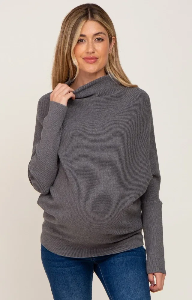 Grey Funnel Neck Dolman Sleeve Maternity Sweater