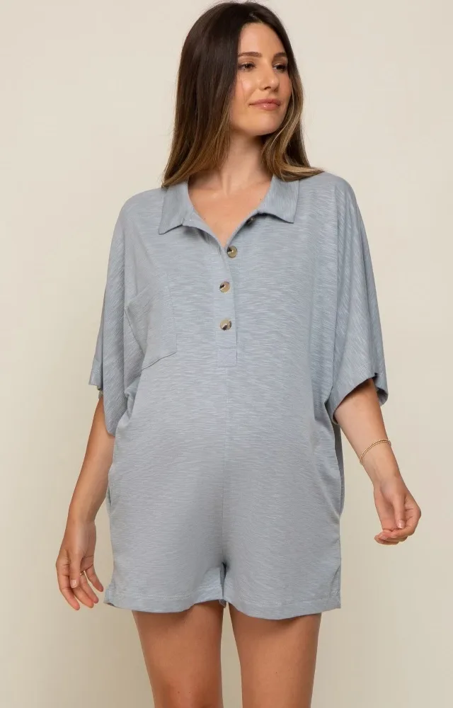 Grey Heathered Front Button Maternity Romper