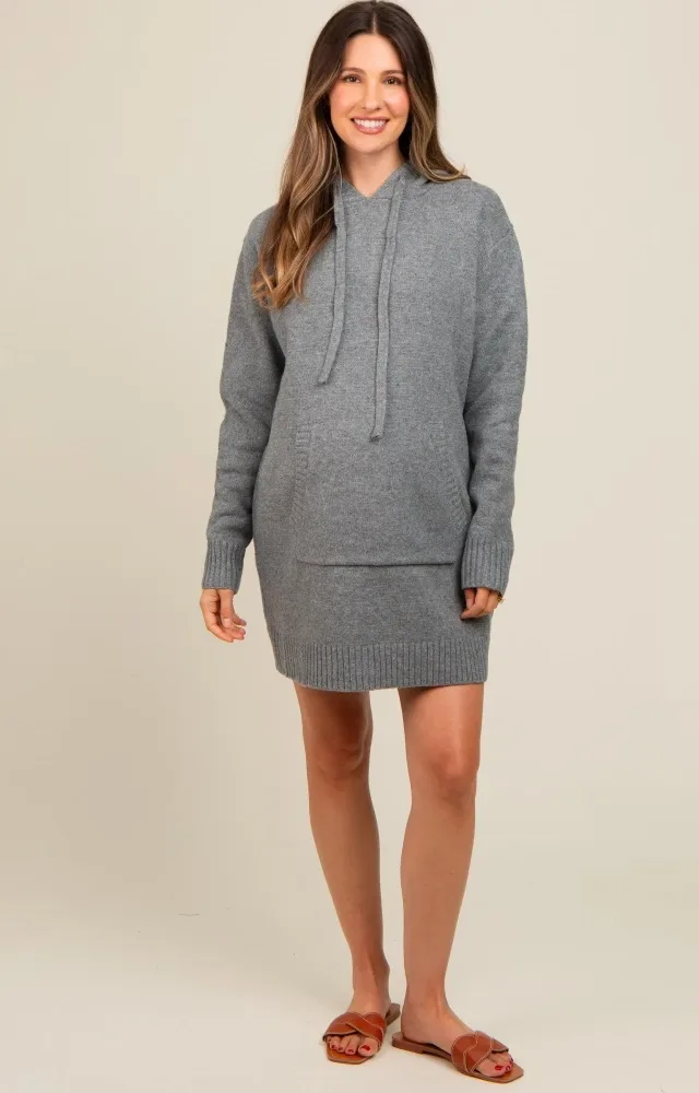 Grey Hooded Front Pocket Maternity Sweater Dress