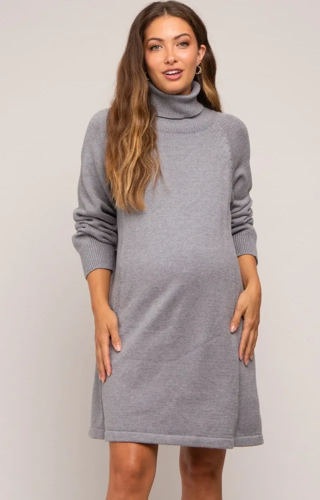 Grey Knit Turtleneck Maternity Sweater Dress