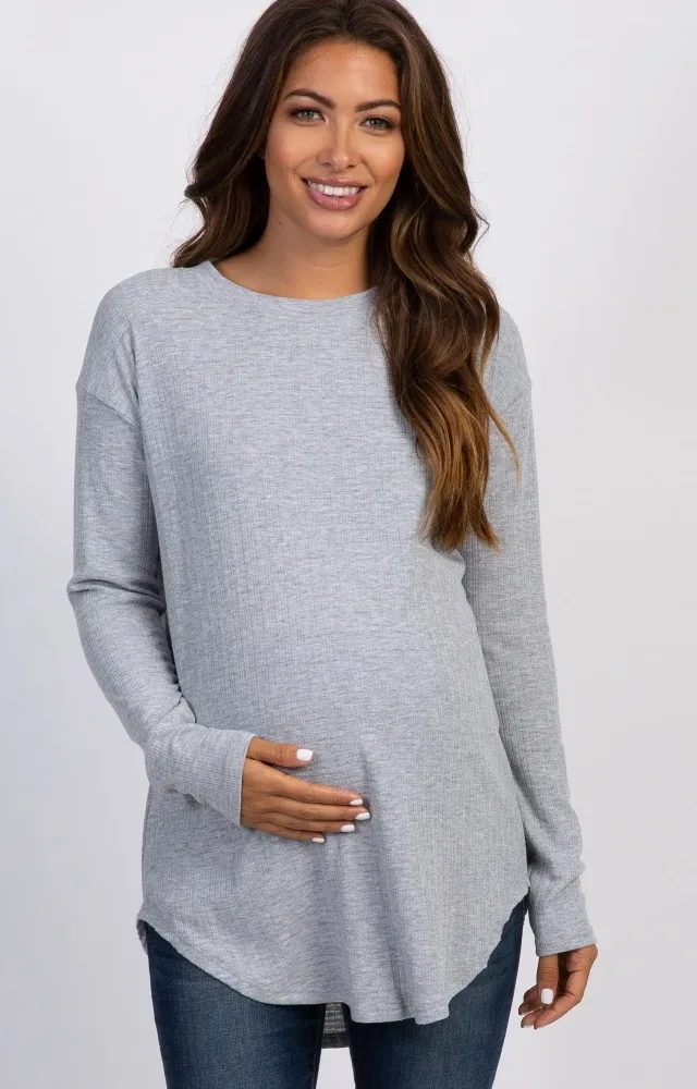 Grey Long Sleeve Ribbed Maternity Top