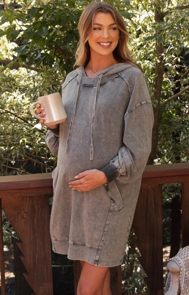 Grey Mineral Wash Maternity Hoodie Dress