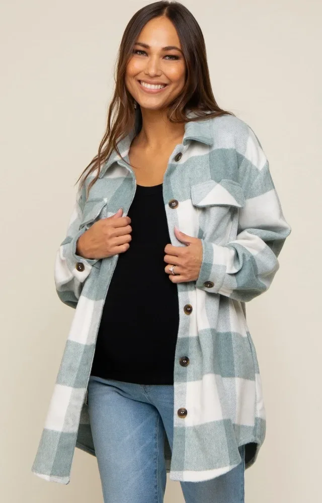 Grey Plaid Brushed Long Maternity Shacket