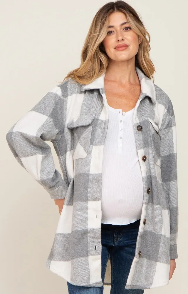 Grey Plaid Brushed Long Maternity Shacket