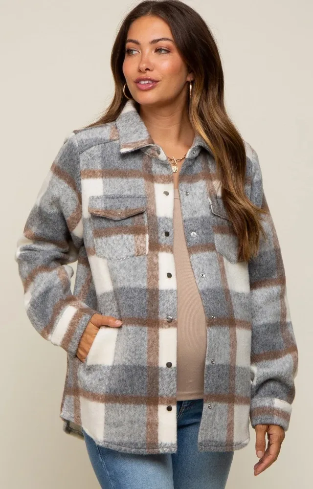 Grey Plaid Fleece Maternity Shirt Jacket