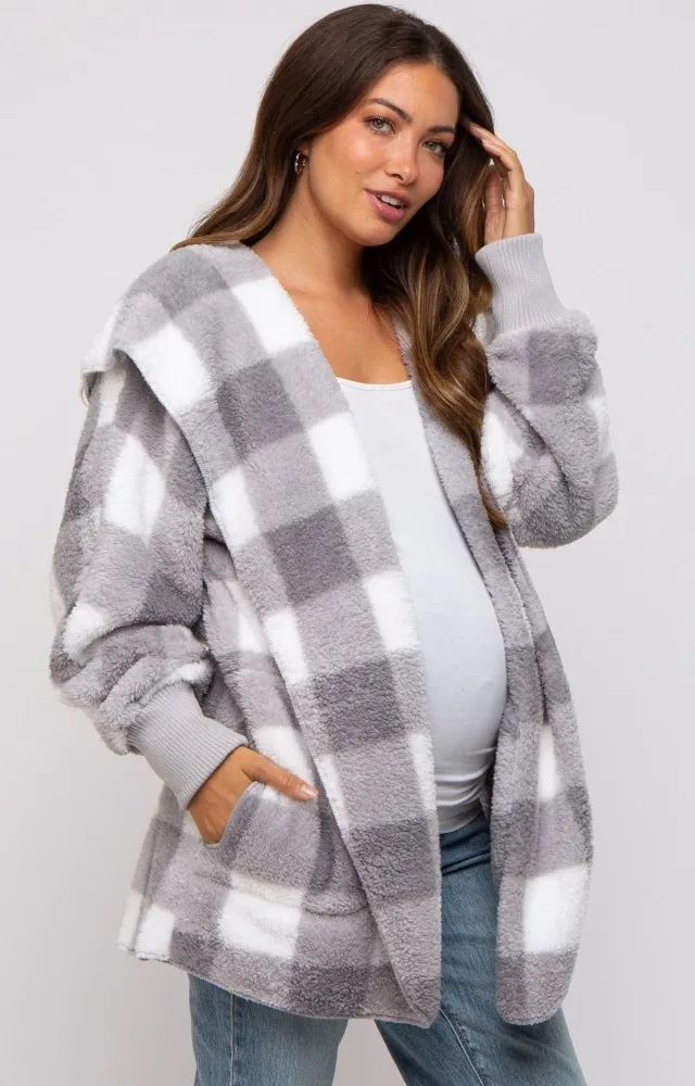 Grey Plaid Maternity Hooded Cardigan