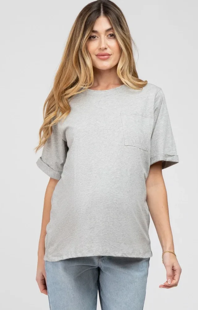 Grey Pocket Front Short Sleeve Maternity Top