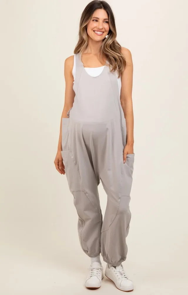 Grey Racerback Drawstring Side Pocket Maternity Jumpsuit