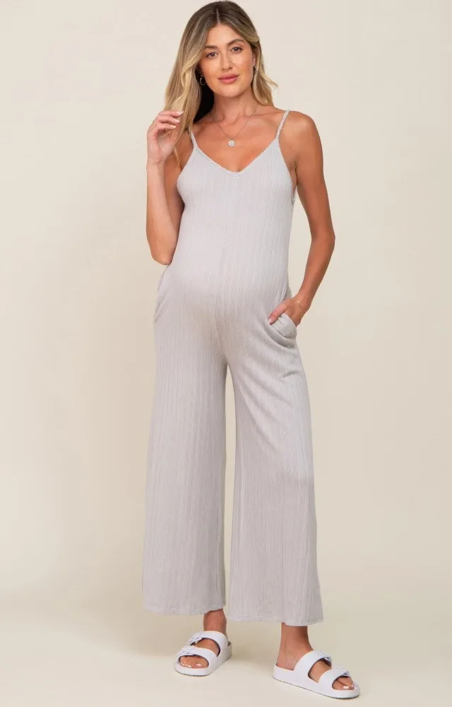 Grey Rib Knit Wide Leg Maternity Jumpsuit