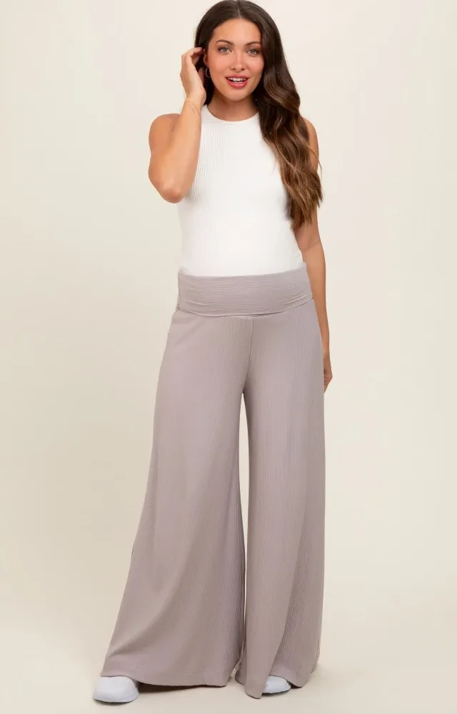 Grey Ribbed Foldover Waist Maternity Wide Leg Pants