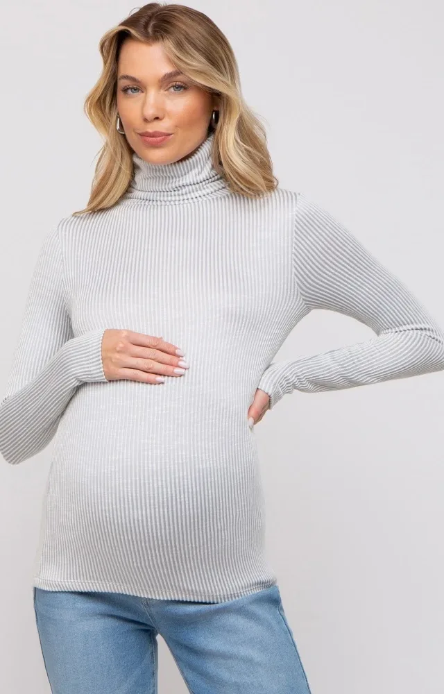 Grey Ribbed Maternity Turtleneck Top