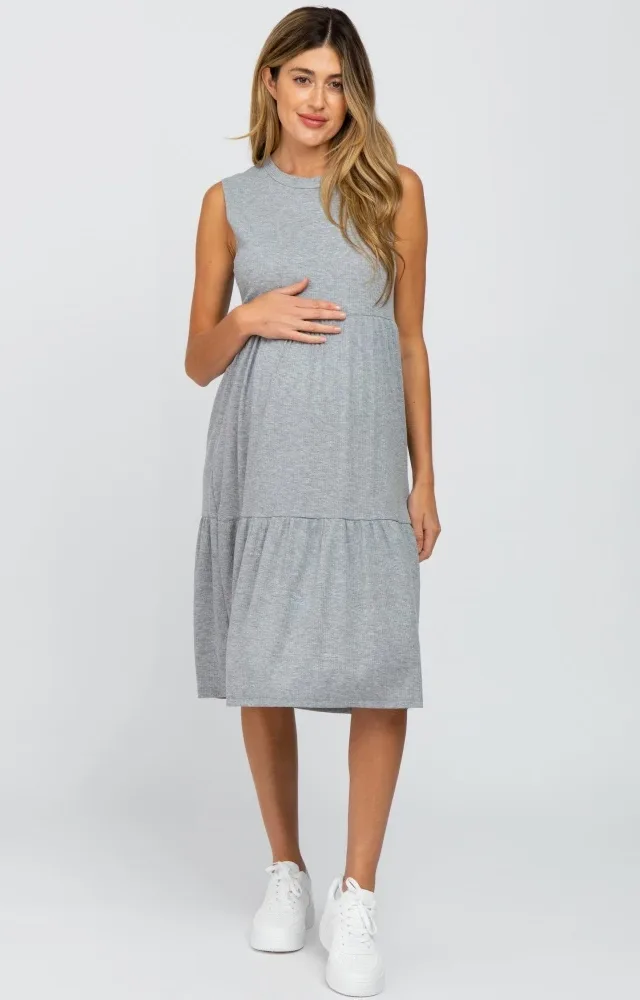 Grey Ribbed Sleeveless Maternity Midi Dress