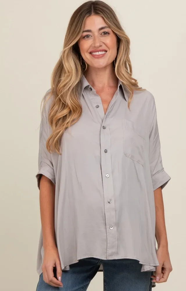 Grey Satin Oversized Maternity Shirt