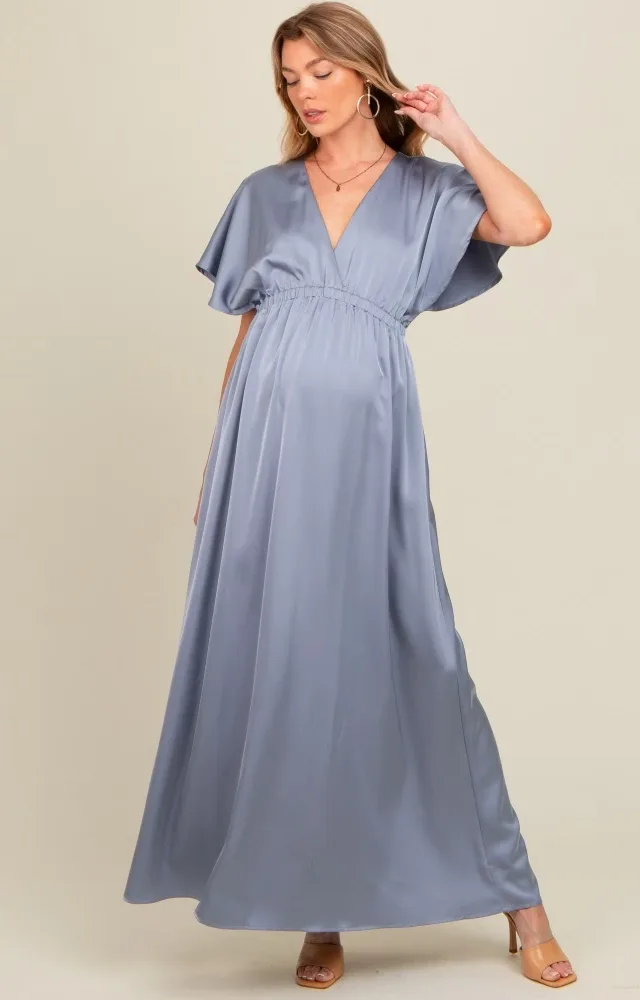 Grey Satin V-Neck Flutter Short Sleeve Maternity Maxi Dress