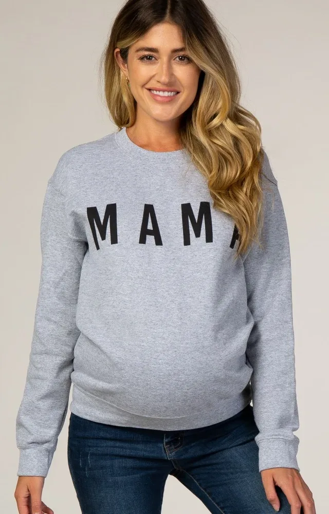 Grey Screen Print Mama Maternity Pullover Sweatshirt