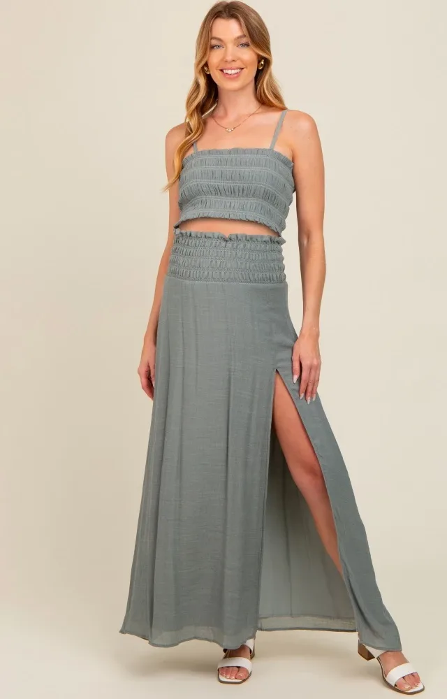 Grey Smocked Crop Top And Maxi Skirt Maternity Set