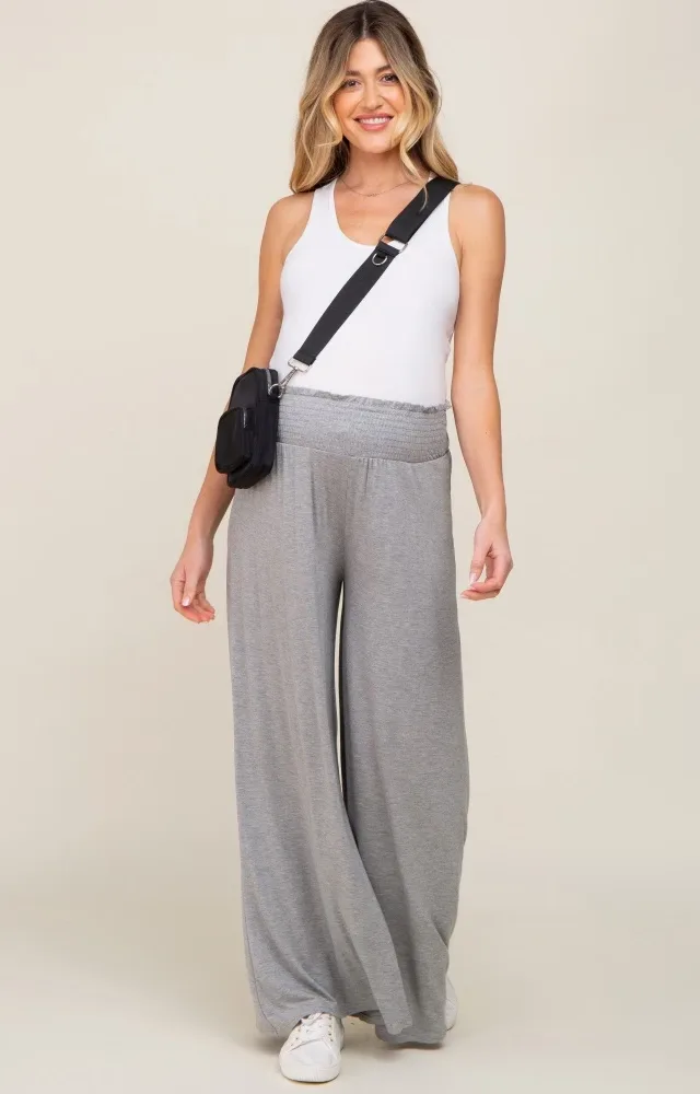 Grey Smocked Waist Flowy Maternity Pants