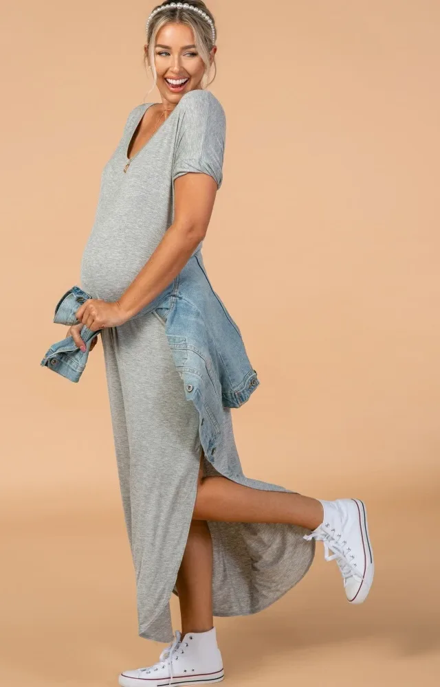 Grey Solid Maxi Maternity Dress