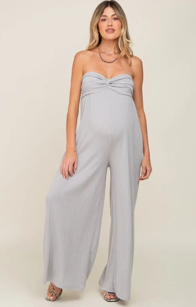 Grey Strapless Front Twist Maternity Jumpsuit