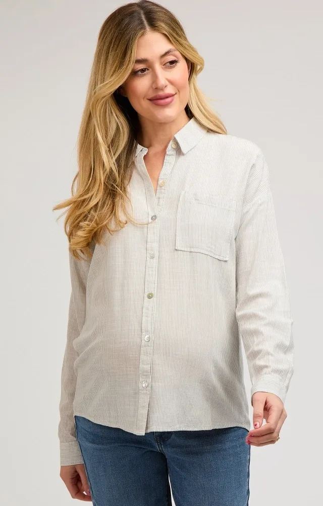 Grey Striped Basic Button Down Maternity Top