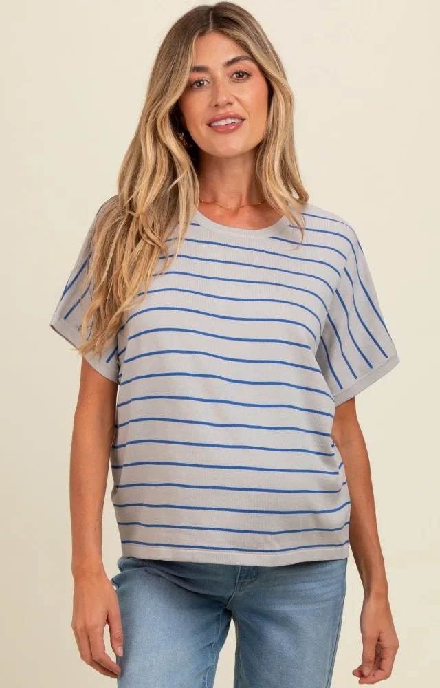 Grey Striped Boxy Short Sleeve Maternity Top