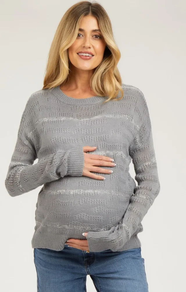 Grey Striped Open Knit Maternity Top