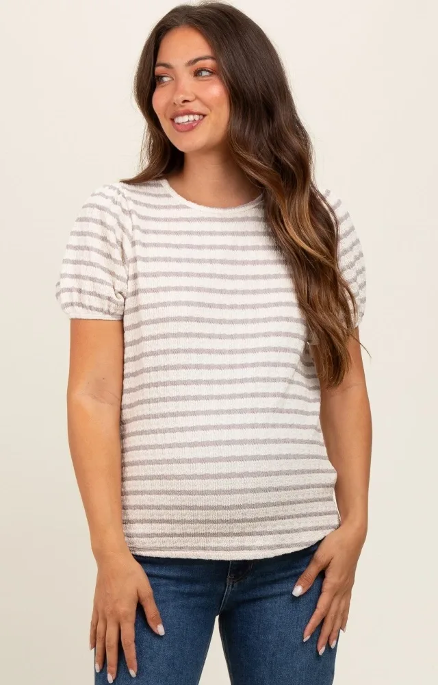 Grey Striped Textured Puff Sleeve Maternity Top